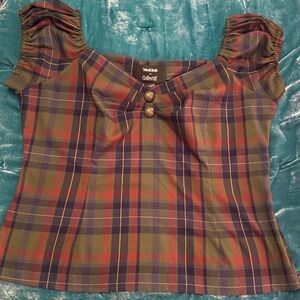 Collectif x ModCloth Olive Green and Navy Plaid Dolores Top UK 22/ US 18